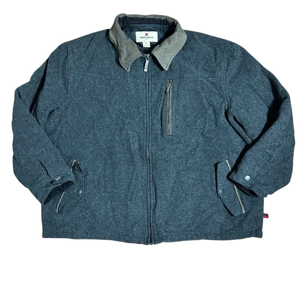 Woolrich Coat Men 2XL Wool Jacket Gray Full Zip Suede Leather Collar Quilt Lined